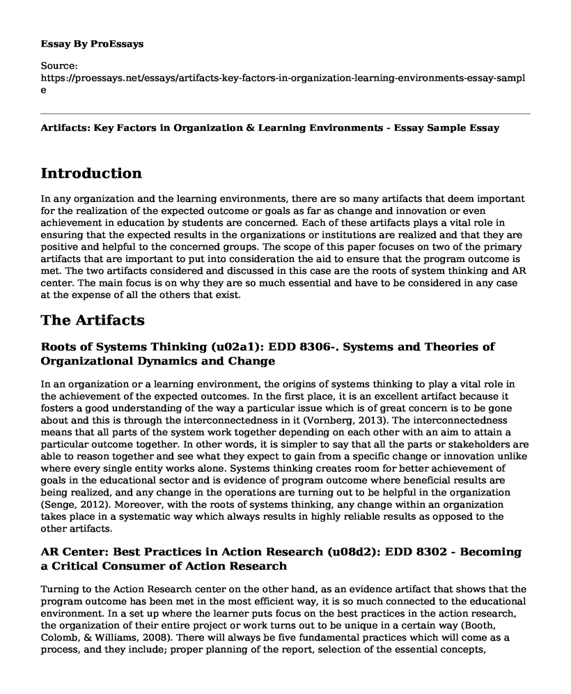 Artifacts: Key Factors in Organization & Learning Environments - Essay Sample