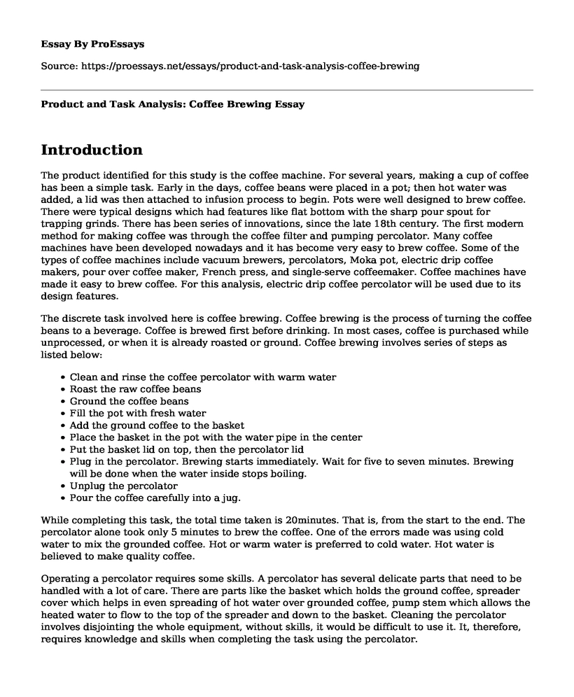 Product and Task Analysis: Coffee Brewing