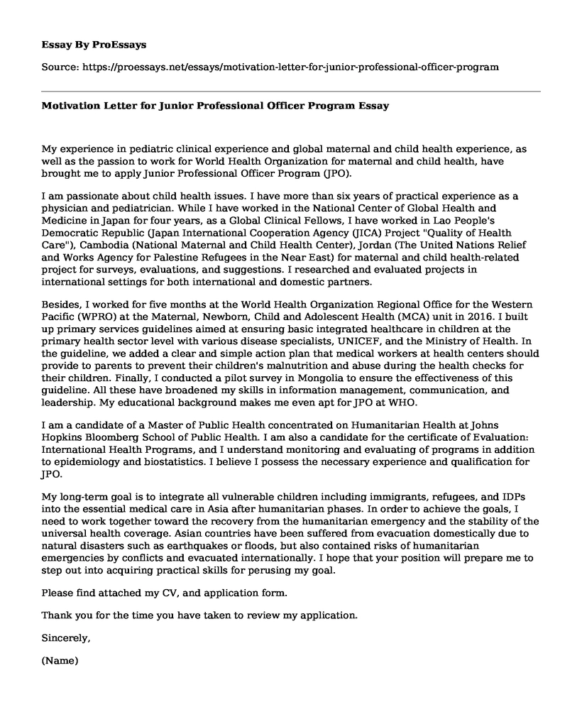 Motivation Letter for Junior Professional Officer Program
