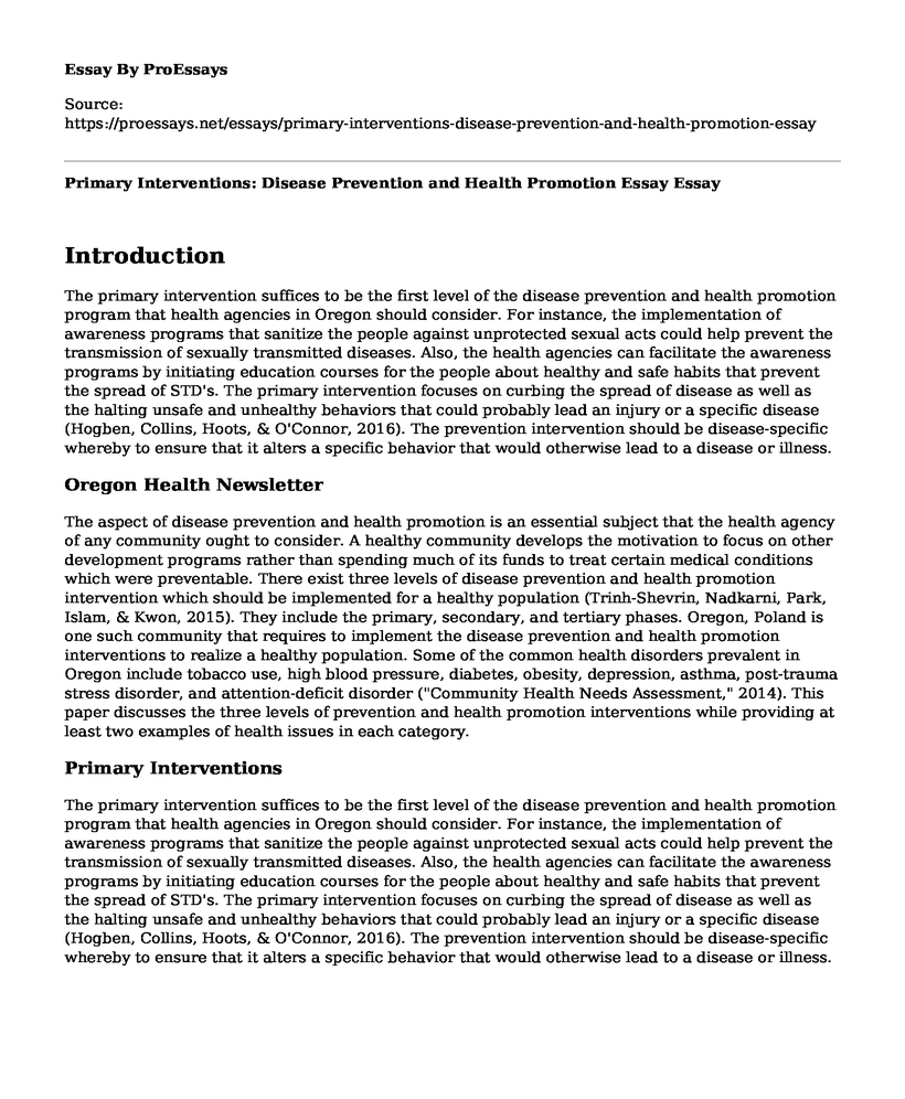 Primary Interventions: Disease Prevention and Health Promotion Essay