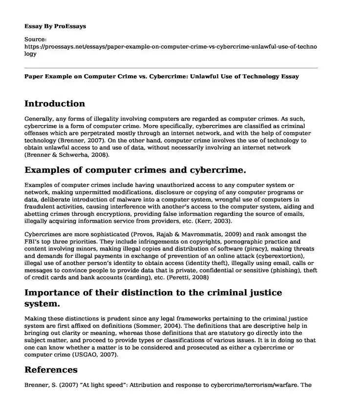 Paper Example on Computer Crime vs. Cybercrime: Unlawful Use of Technology