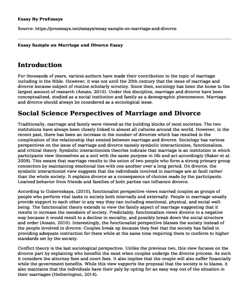 Essay Sample on Marriage and Divorce