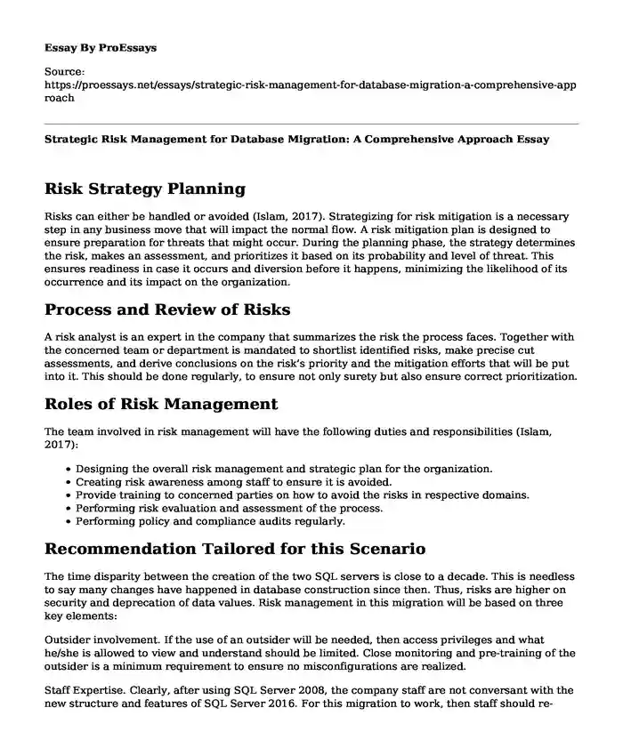 Strategic Risk Management for Database Migration: A Comprehensive Approach