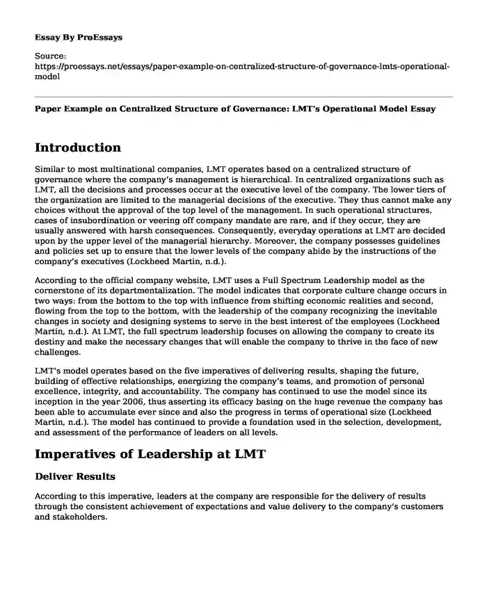 Paper Example on Centralized Structure of Governance: LMT's Operational Model