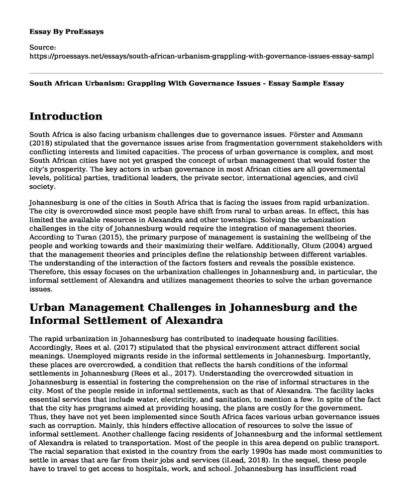 South African Urbanism: Grappling With Governance Issues - Essay Sample