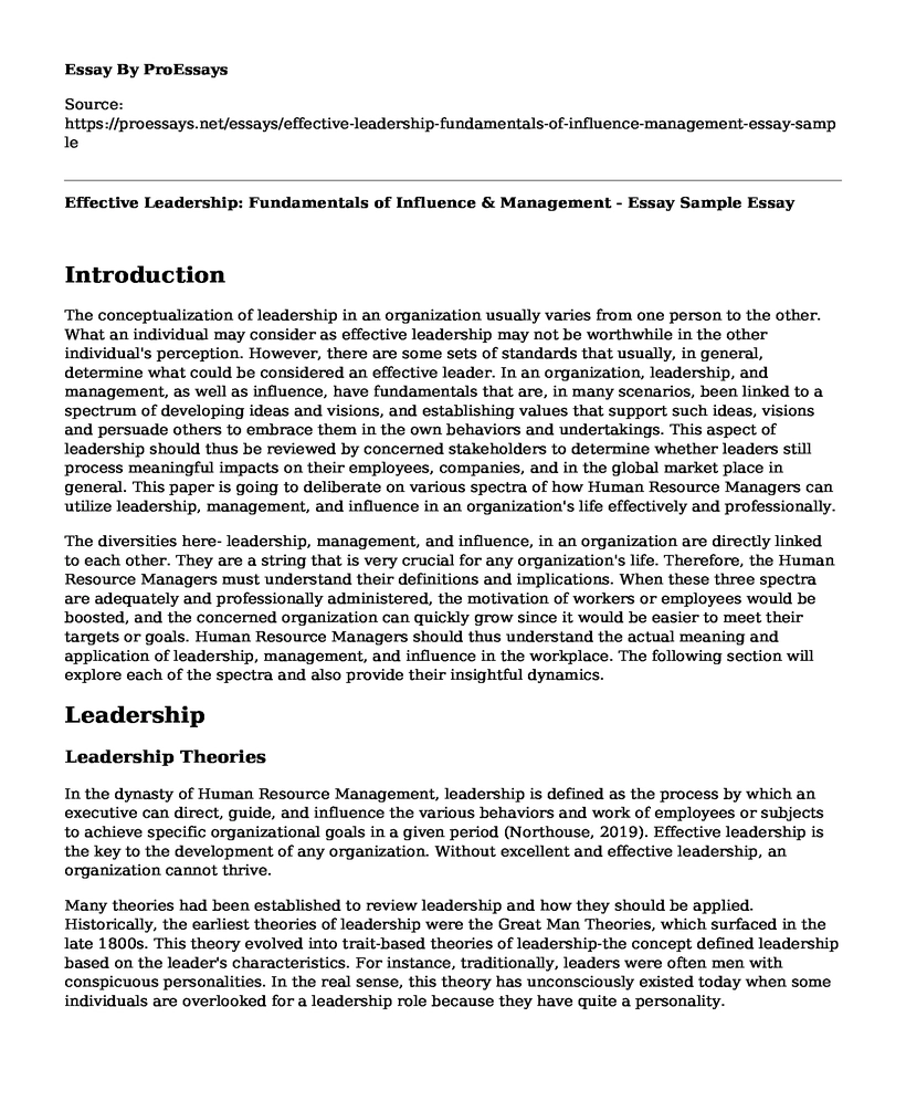 Effective Leadership: Fundamentals of Influence & Management - Essay Sample