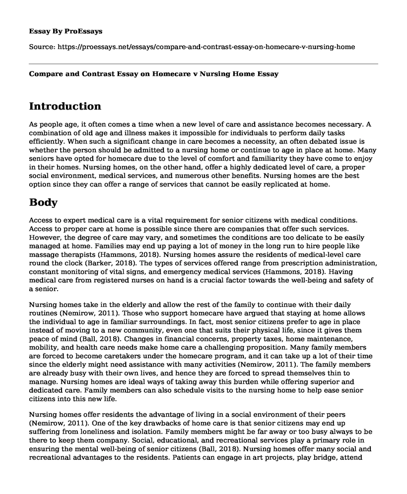 Compare and Contrast Essay on Homecare v Nursing Home