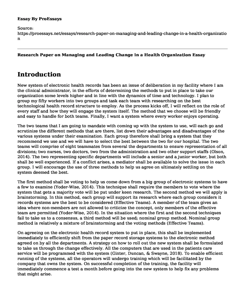 Research Paper on Managing and Leading Change in a Health Organization