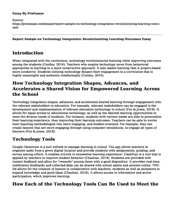 Report Sample on Technology Integration: Revolutionizing Learning Outcomes