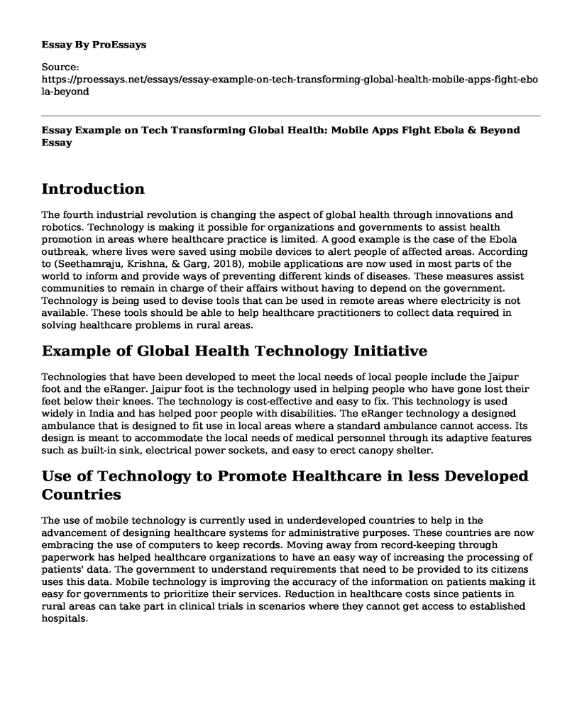 Essay Example on Tech Transforming Global Health: Mobile Apps Fight Ebola & Beyond