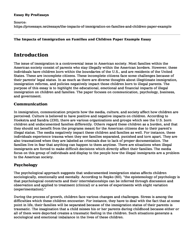 The Impacts of Immigration on Families and Children Paper Example