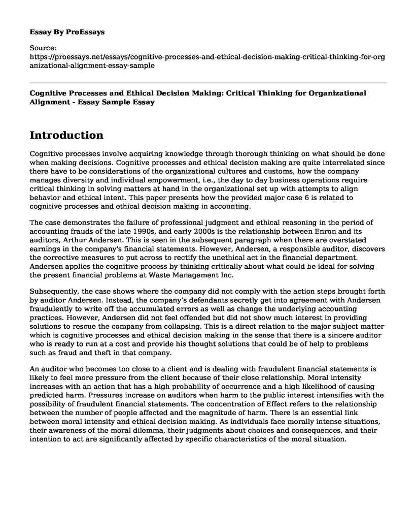 Cognitive Processes and Ethical Decision Making: Critical Thinking for Organizational Alignment - Essay Sample