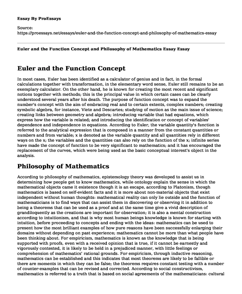 Euler and the Function Concept and Philosophy of Mathematics Essay