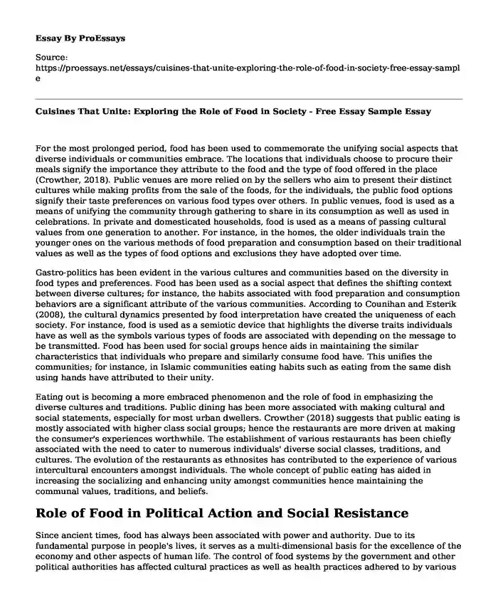 Cuisines That Unite: Exploring the Role of Food in Society - Free Essay Sample
