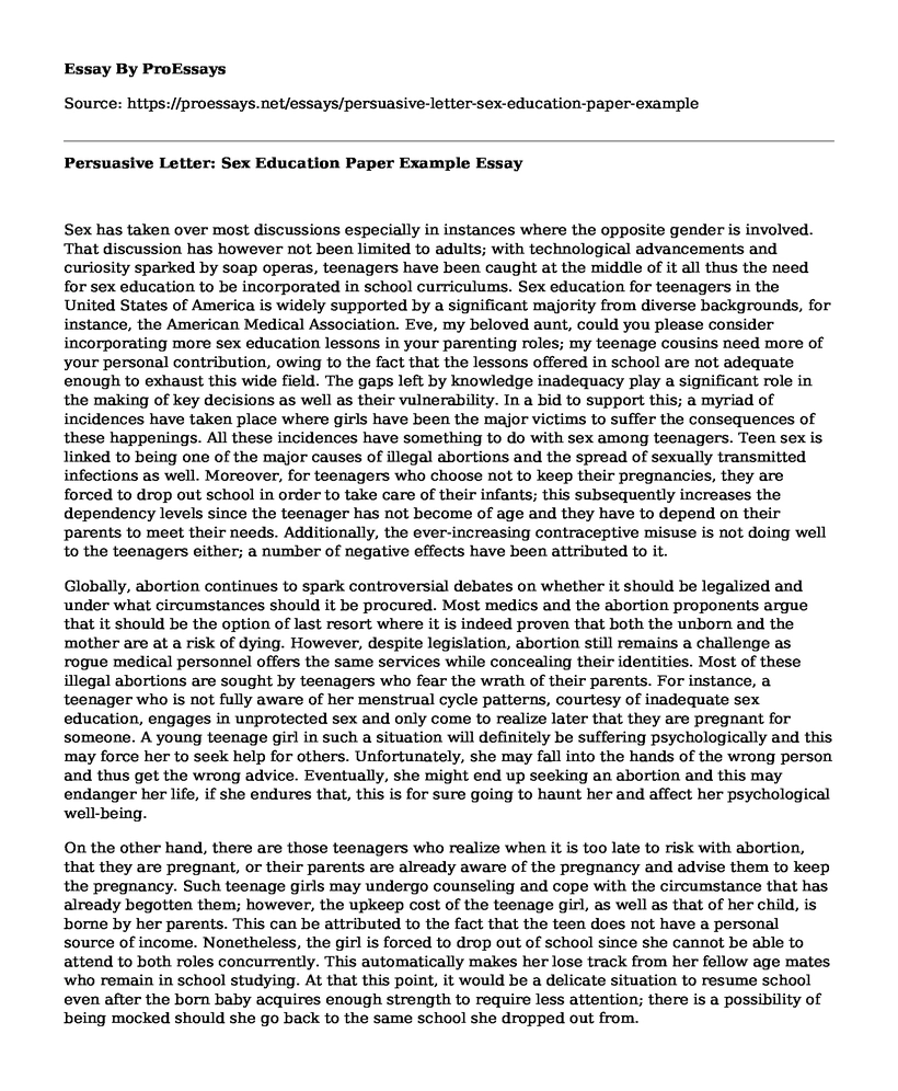 Persuasive Letter: Sex Education Paper Example