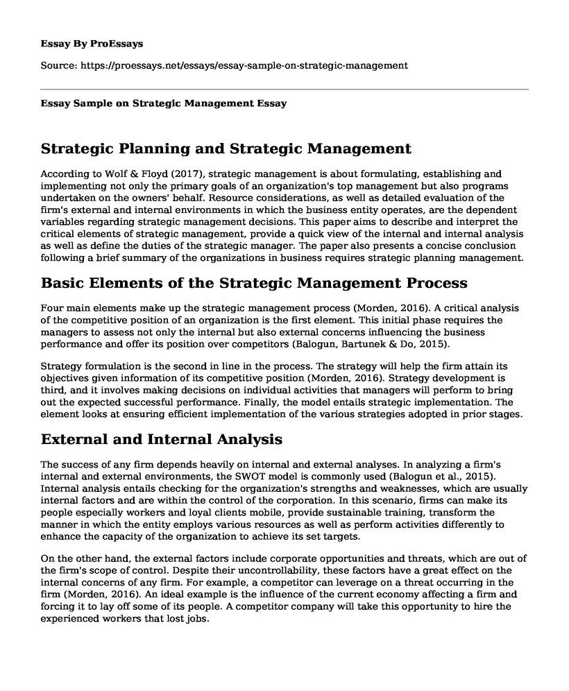 Essay Sample on Strategic Management