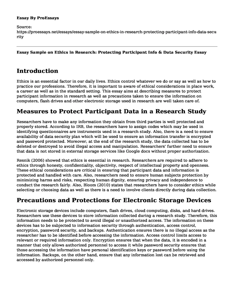 Essay Sample on Ethics in Research: Protecting Participant Info & Data Security