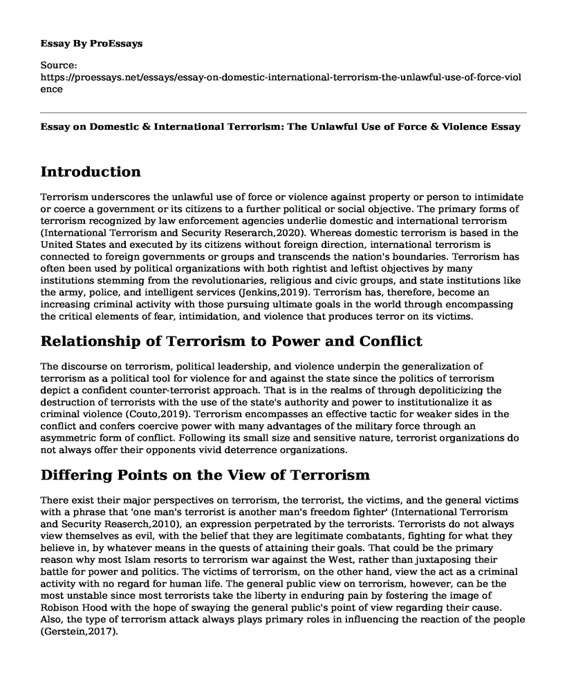 Essay on Domestic & International Terrorism: The Unlawful Use of Force & Violence