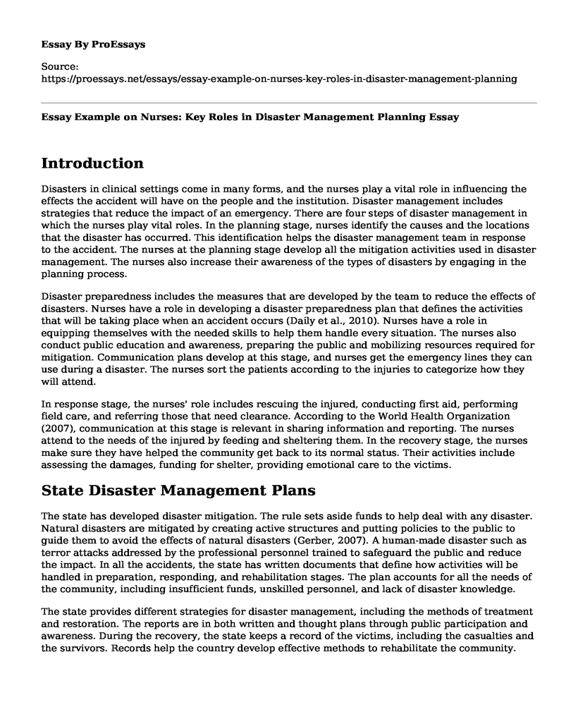 Essay Example on Nurses: Key Roles in Disaster Management Planning
