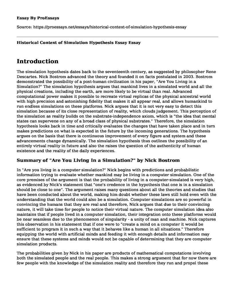 Historical Context of Simulation Hypothesis Essay
