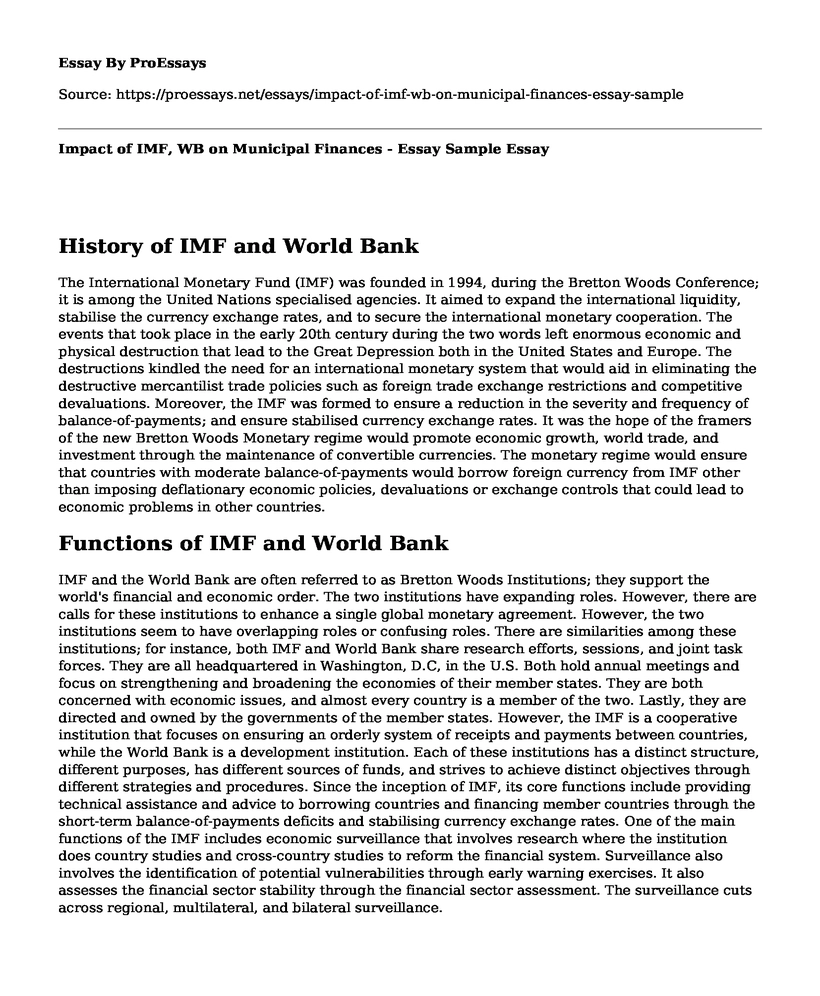 Impact of IMF, WB on Municipal Finances - Essay Sample
