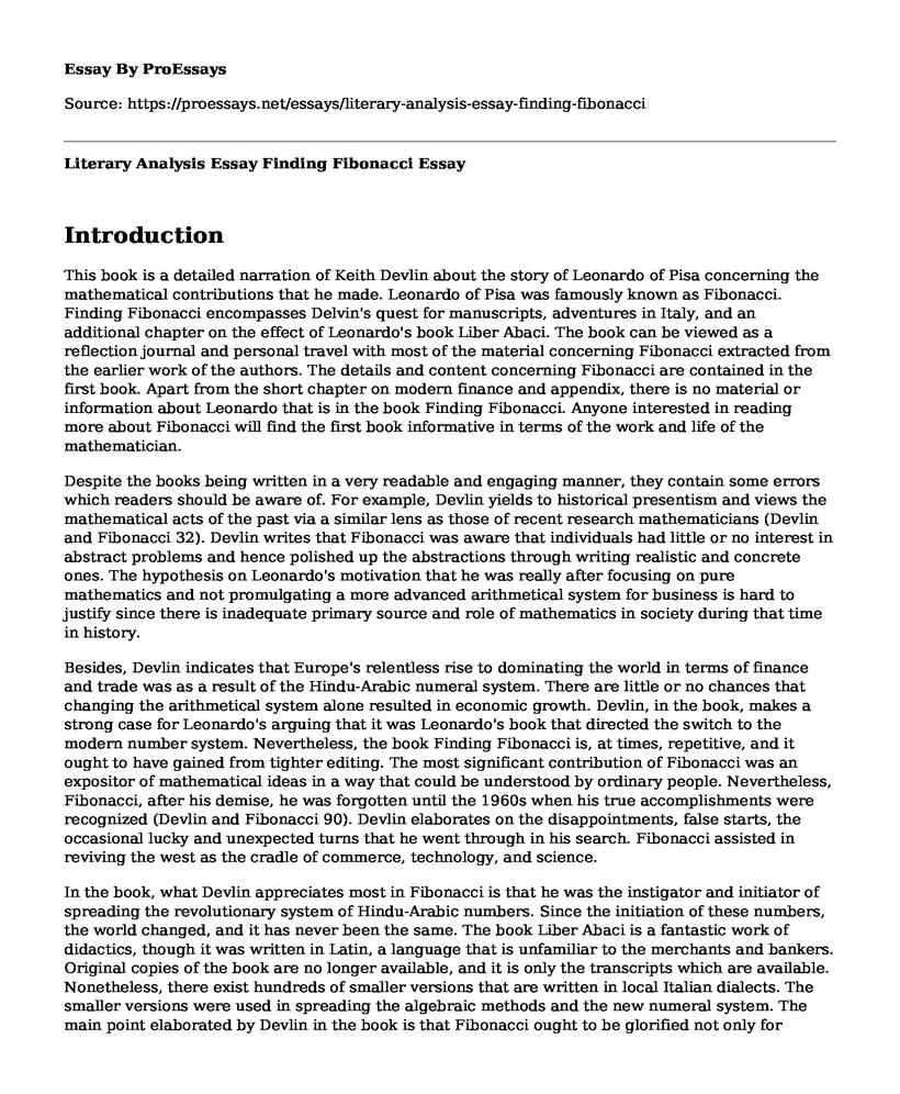 Literary Analysis Essay Finding Fibonacci