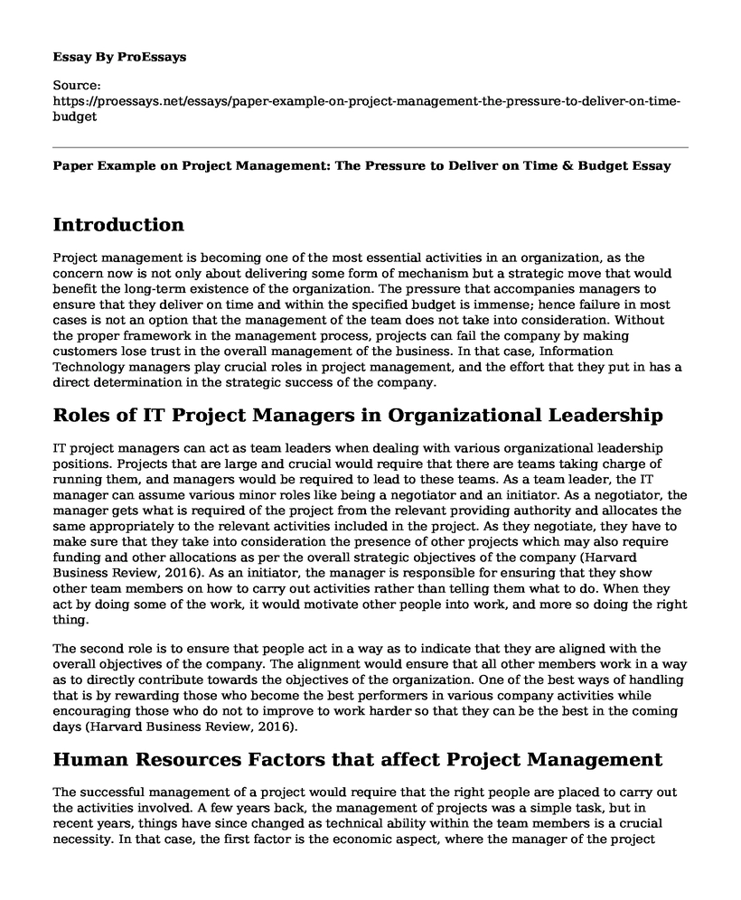 Paper Example on Project Management: The Pressure to Deliver on Time & Budget