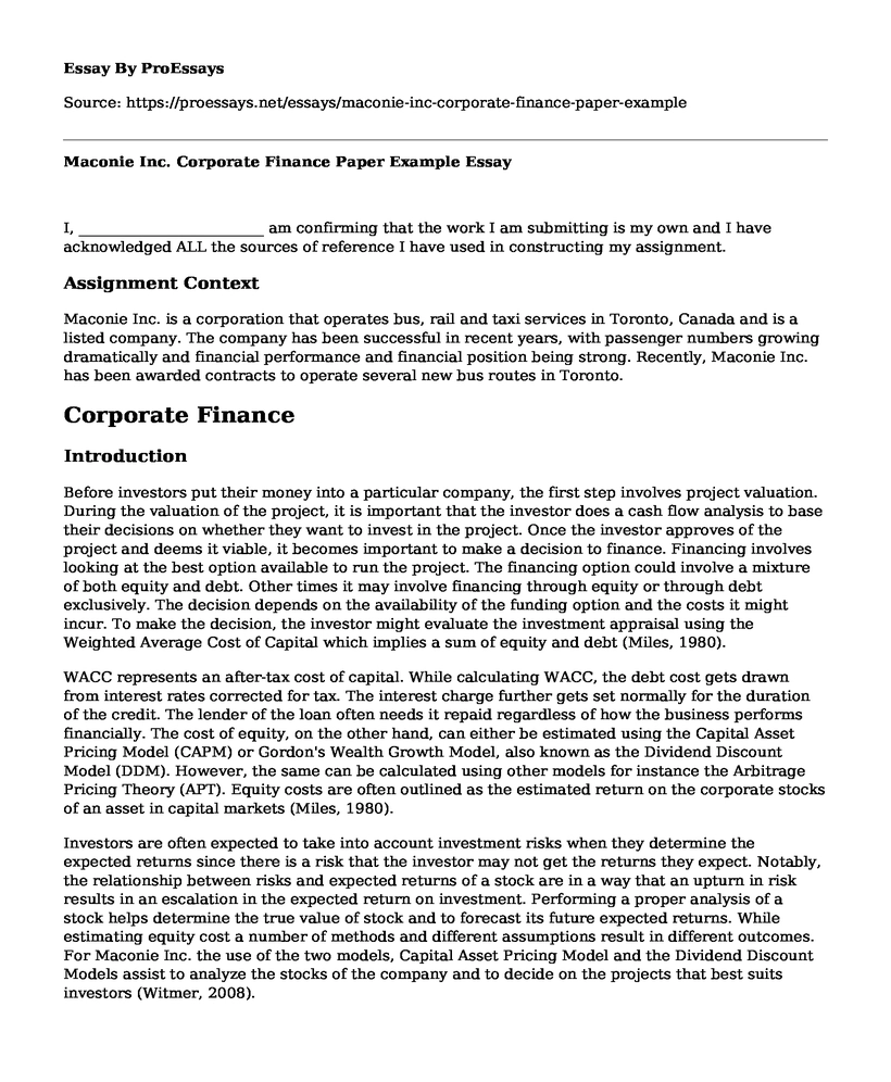 Maconie Inc. Corporate Finance Paper Example