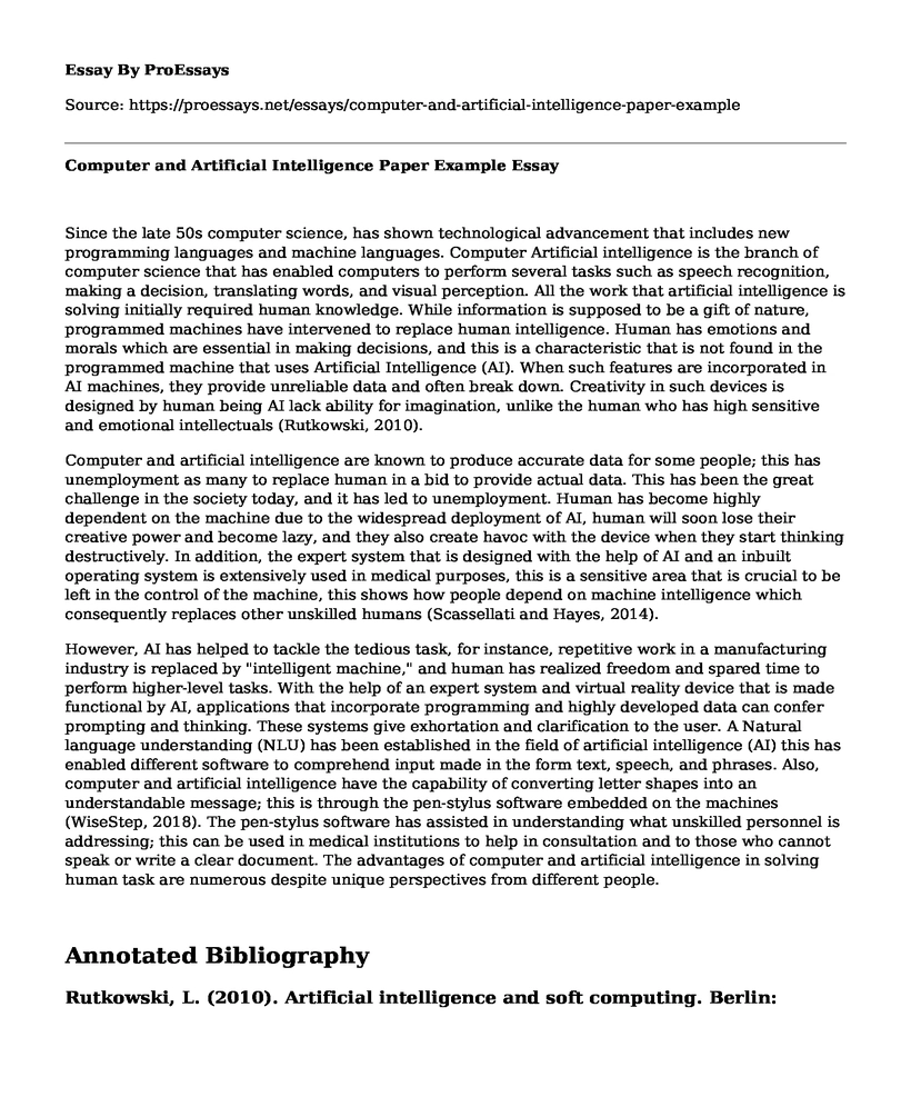 Computer and Artificial Intelligence Paper Example