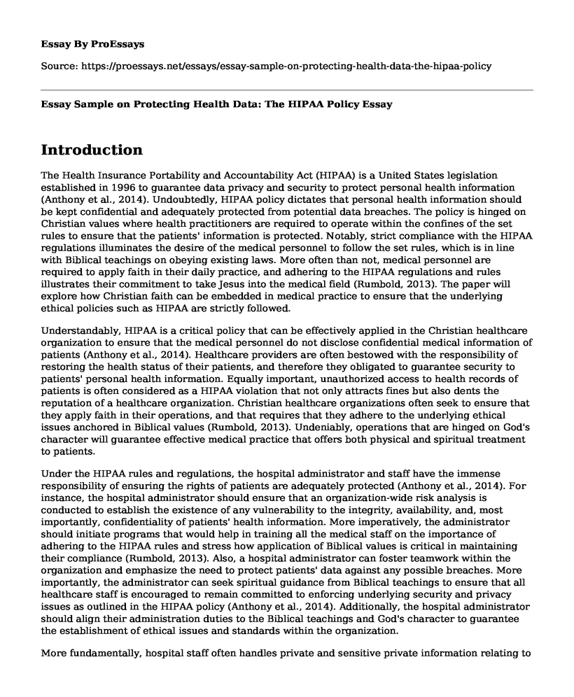 Essay Sample on Protecting Health Data: The HIPAA Policy