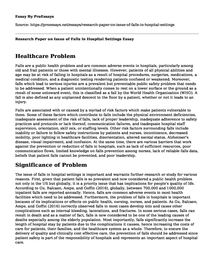 Research Paper on Issue of Falls in Hospital Settings