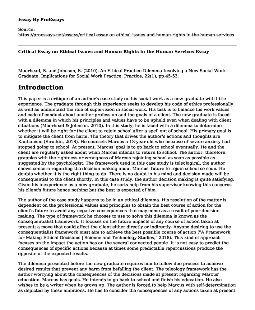 Critical Essay on Ethical Issues and Human Rights in the Human Services