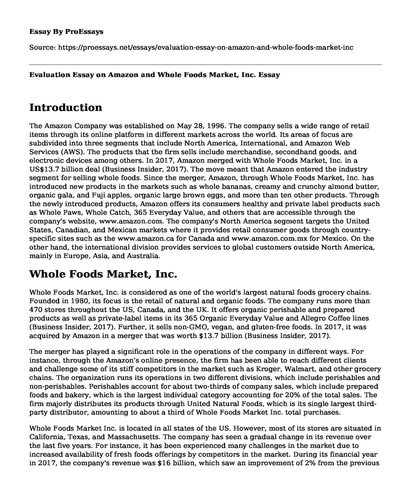 Evaluation Essay on Amazon and Whole Foods Market, Inc.