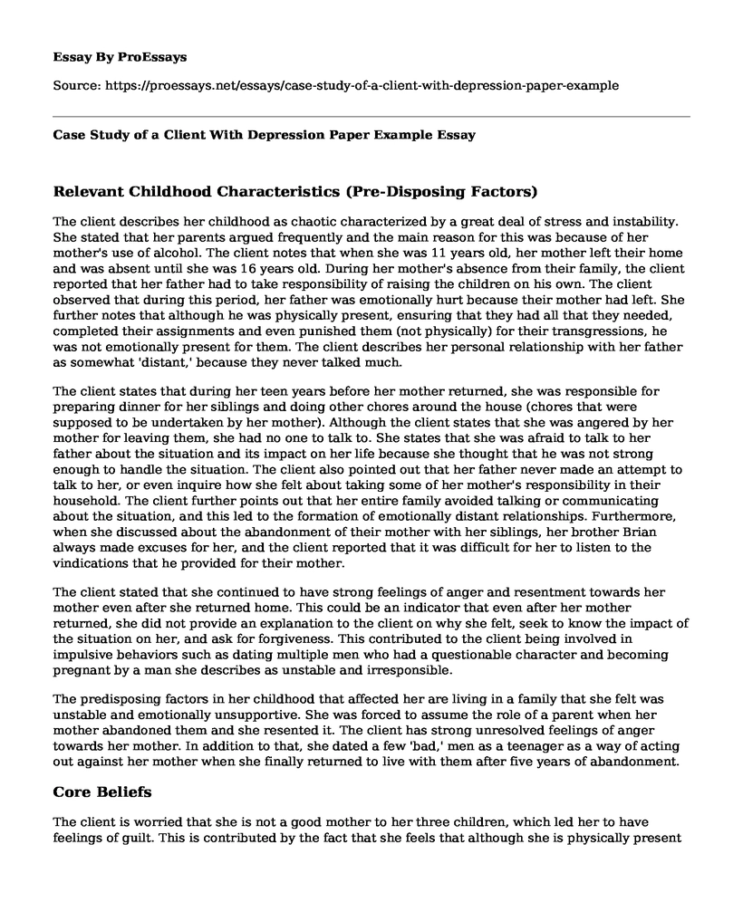 Case Study of a Client With Depression Paper Example