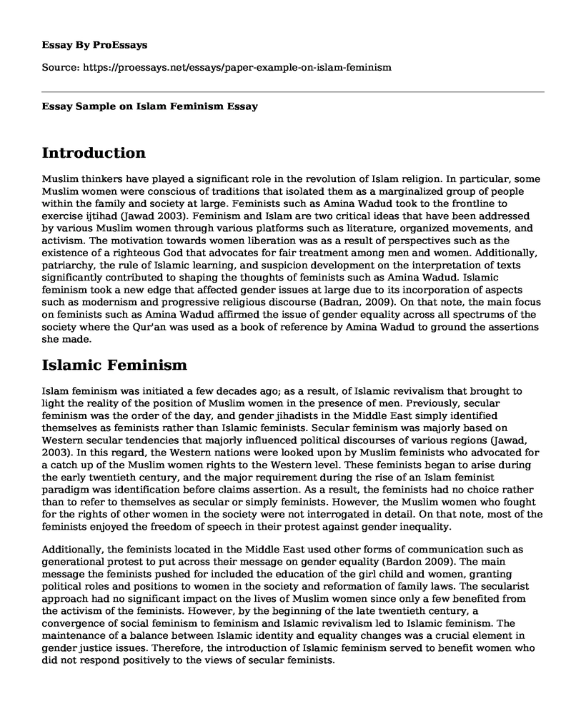Essay Sample on Islam Feminism 