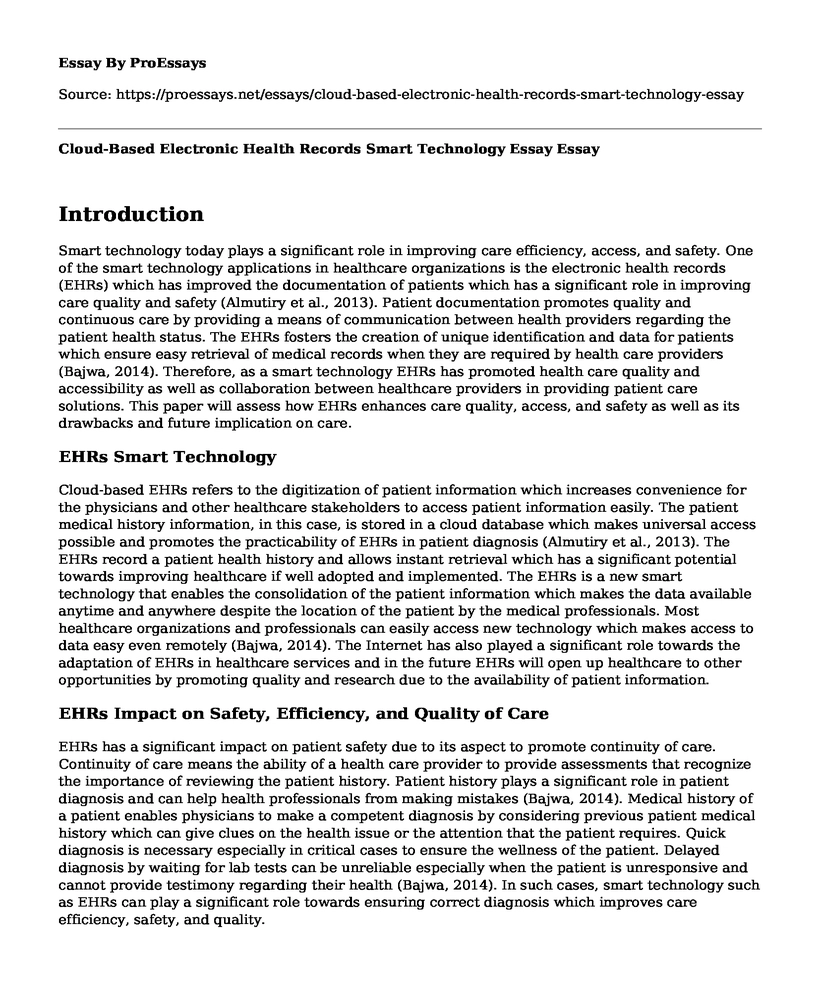 Cloud-Based Electronic Health Records Smart Technology Essay