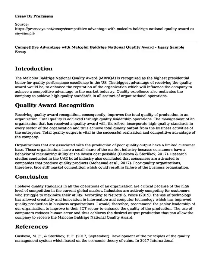 Competitive Advantage with Malcolm Baldrige National Quality Award - Essay Sample