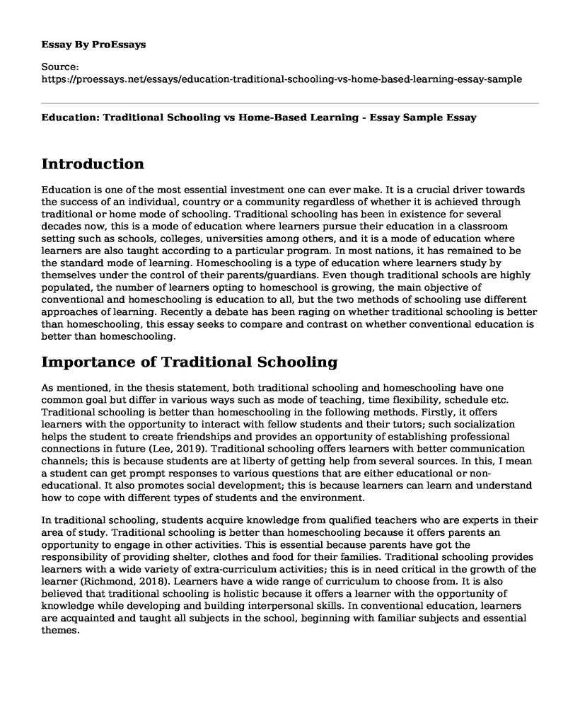 Education: Traditional Schooling vs Home-Based Learning - Essay Sample 