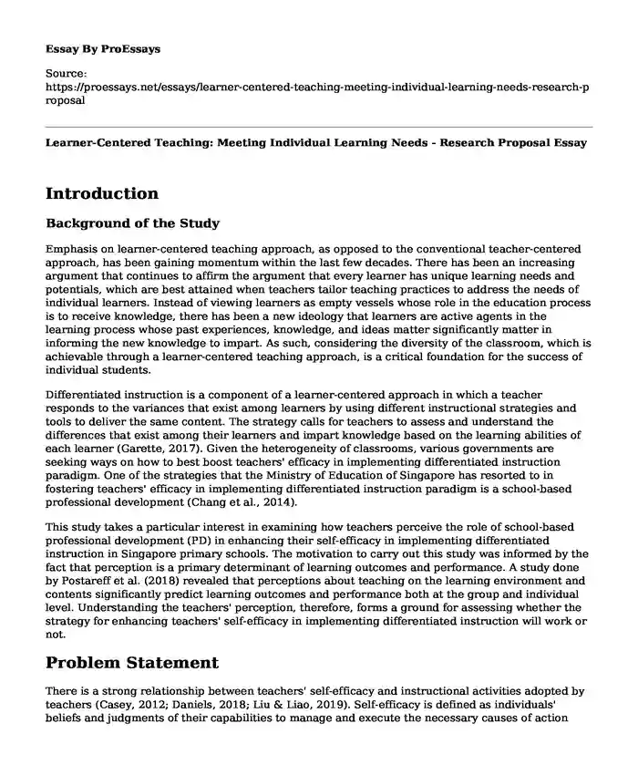 Learner-Centered Teaching: Meeting Individual Learning Needs - Research Proposal