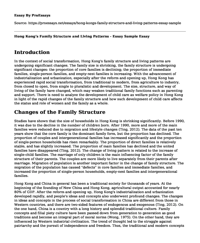 Hong Kong's Family Structure and Living Patterns - Essay Sample