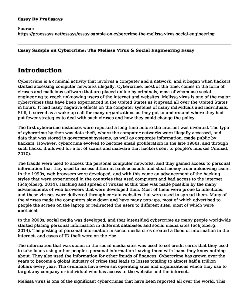 Essay Sample on Cybercrime: The Melissa Virus & Social Engineering