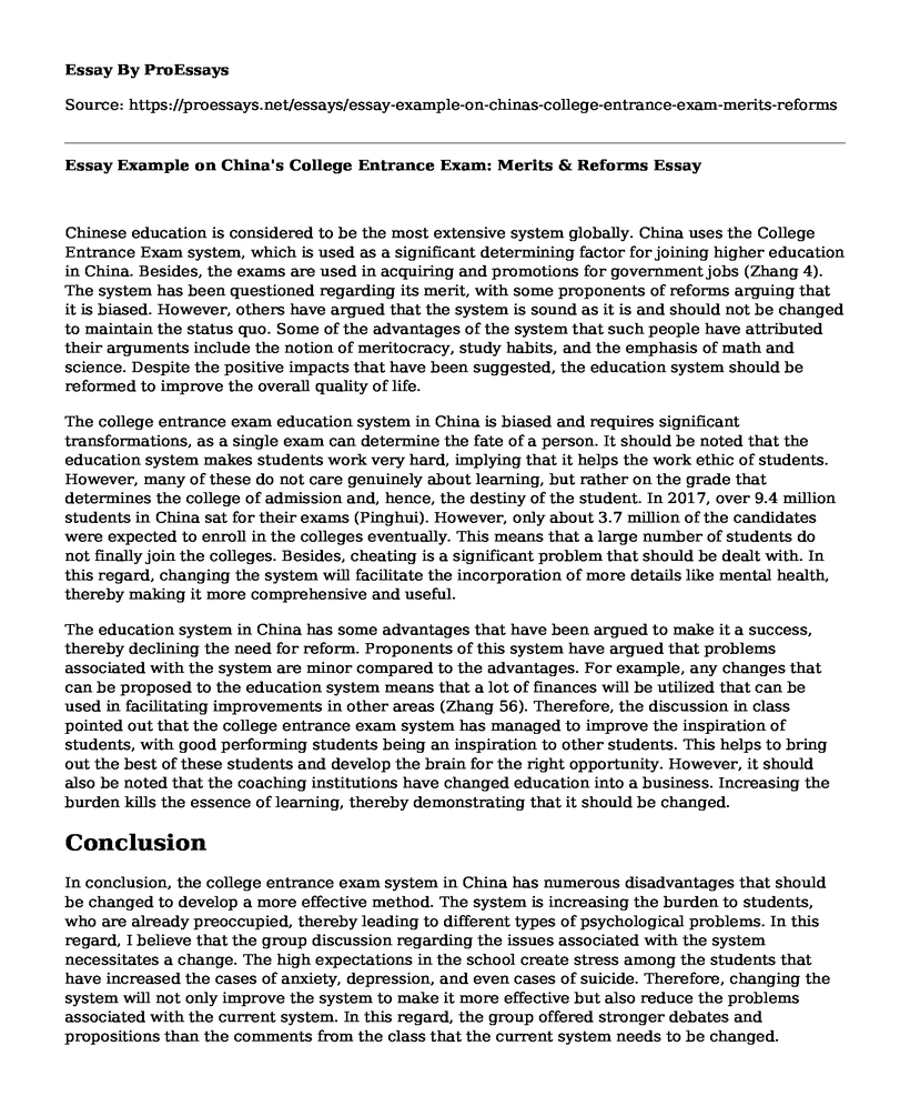 Essay Example on China's College Entrance Exam: Merits & Reforms