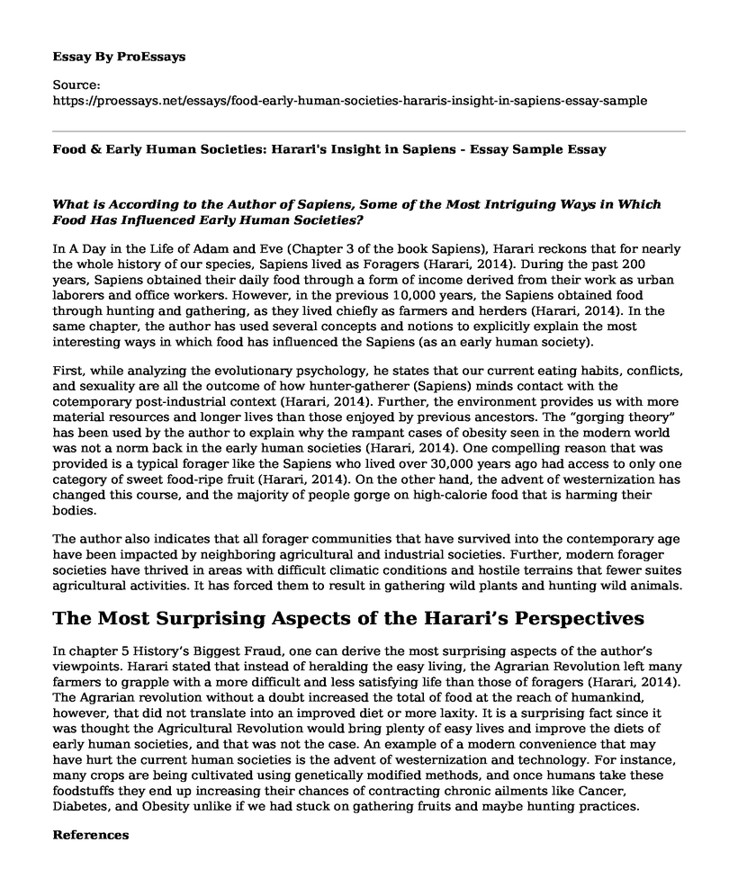 Food & Early Human Societies: Harari's Insight in Sapiens - Essay Sample
