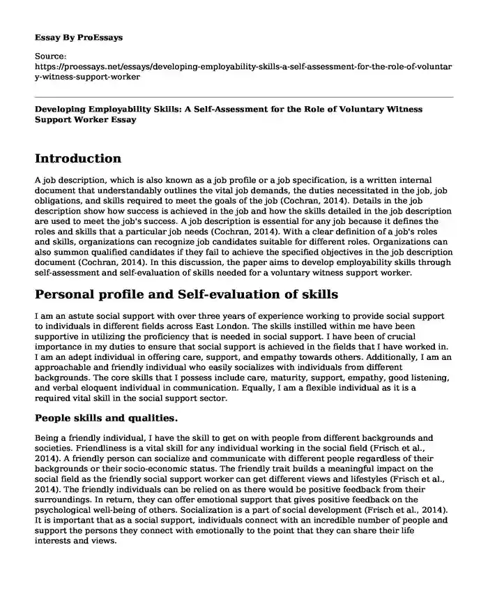 Developing Employability Skills: A Self-Assessment for the Role of Voluntary Witness Support Worker