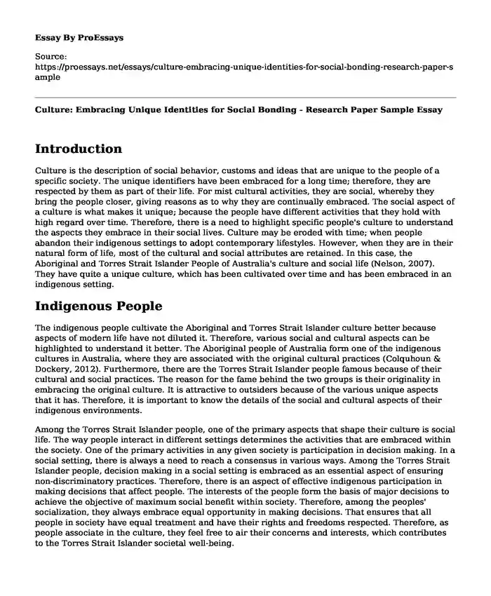 Culture: Embracing Unique Identities for Social Bonding - Research Paper Sample