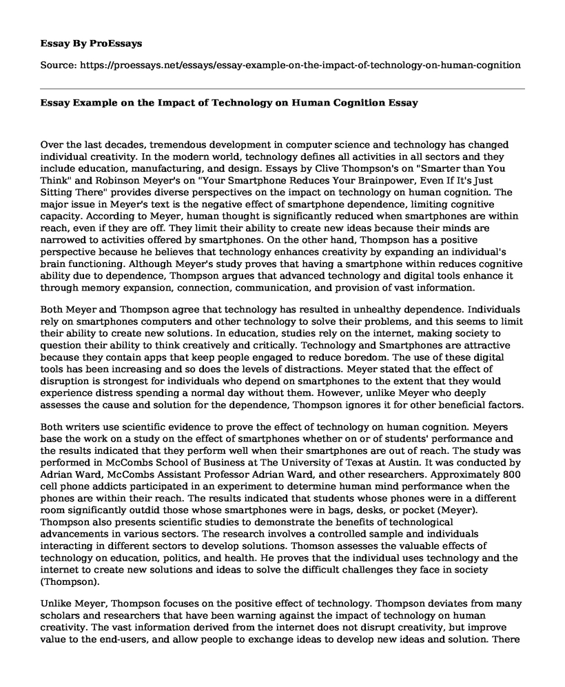 Essay Example on the Impact of Technology on Human Cognition