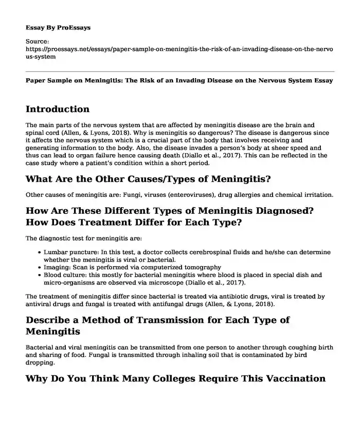 Paper Sample on Meningitis: The Risk of an Invading Disease on the Nervous System