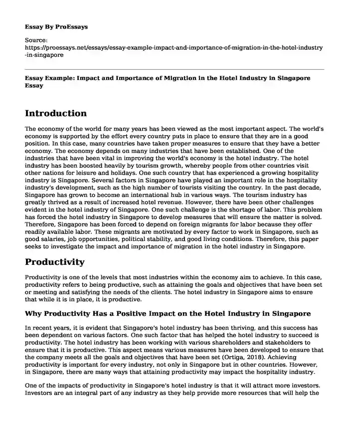 Essay Example: Impact and Importance of Migration in the Hotel Industry in Singapore