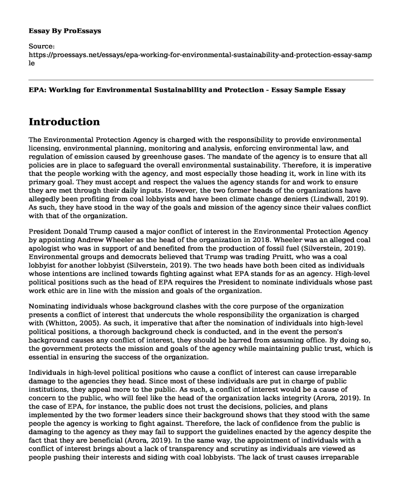 EPA: Working for Environmental Sustainability and Protection - Essay Sample