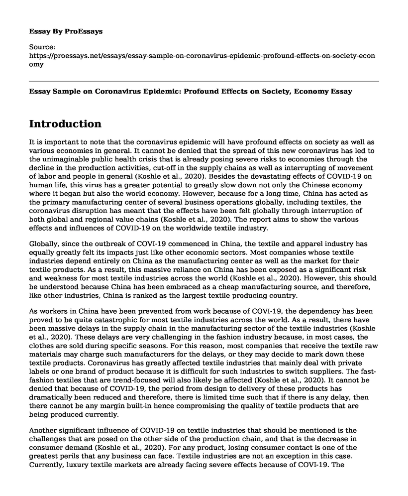 Essay Sample on Coronavirus Epidemic: Profound Effects on Society, Economy